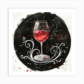 Vibrant Watercolor Red Wine Glass On Black Round Splash Art Print