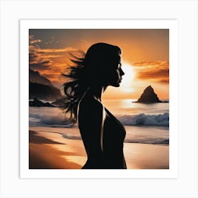 Silhouette Of A Woman At Sunset Art Print