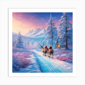 Santa And Reindeer Christmas Postcard Art Print