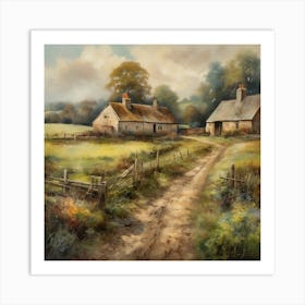 The old British countryside, a work of wall art dating back to 1960, with all its details and colours. The farm is an old oil painting in faded oil colours.5 Art Print