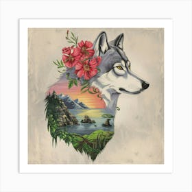 Wolf With Flowers 1 Art Print