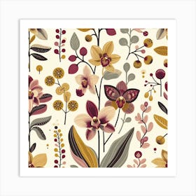 Scandinavian style,Pattern with yellow and burgundy Orchid flowers 3 Art Print