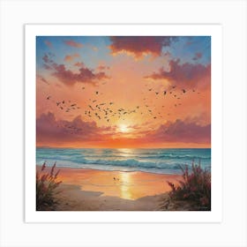 Sunset With Birds Art Print 2 Art Print