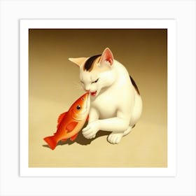 Cat Eating Fish Art Print