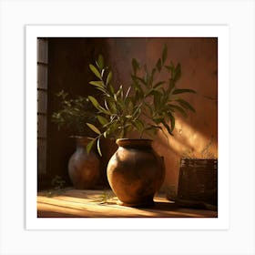 A Rustic Teerracotta Vases Filled With Olive Green Plants Burnt Sienna Textured Walls Soft Lighting Art Print