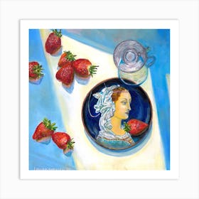 Still Life Oil Painting of Medieval Lady Portrait Strawberries Fruit and Kitchen Coffee Glass Blue Background Elegant Realistic  Impressinism  Art Print