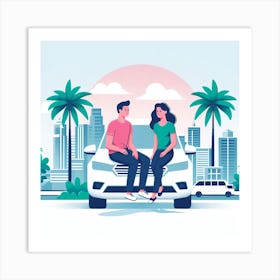 Couple Sitting On Car Art Print