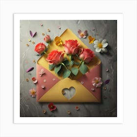 An open red and yellow letter envelope with flowers inside and little hearts outside 7 Art Print