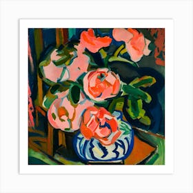 Pink Roses In A Blue Vase Art Print