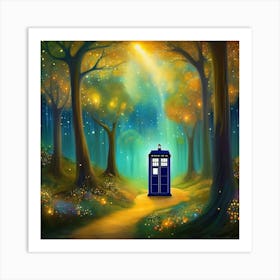 Gustav Klimt forest at night with tardis 2 Art Print