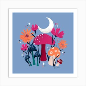 Mushrooms & Florals Moonstone Blue & Pink Square Art Print