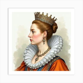 Queen Elizabeth I In Watercolor, Elaborate Headdress, Royal Ambiance 1 Art Print