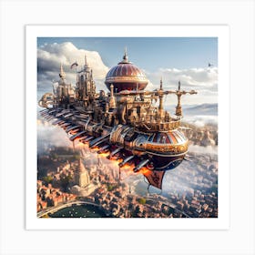 Steampunk airship buzzing the city. Art Print