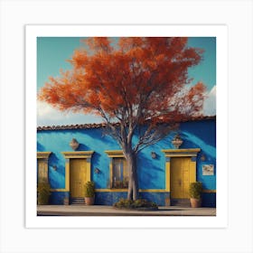 Blue House With Yellow Tree Art Print