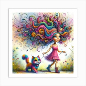 Girl With Colorful Hair And Cat Art Print