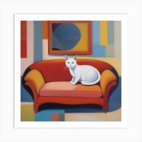 White Cat On Couch 1 Art Print