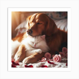 Golden Retriever And Cat Art Print