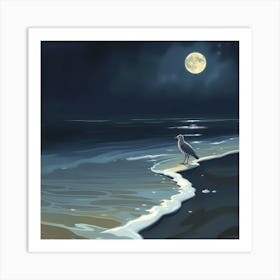 Seagull On The Beach At Night Art Print