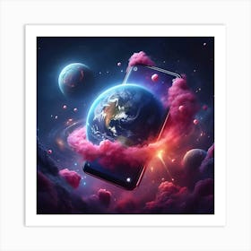 A Photo Realistic Mobile Phone As A Planet In Space With Pink Smoke And Explosions, With 2 Moons In The Background, Digital Art 4 Art Print