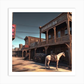 Western Town In Texas With Horses No People Neon Ambiance Abstract Black Oil Gear Mecha Detaile (2) Art Print