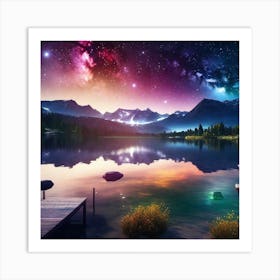 Starry Sky Over Lake Art Print