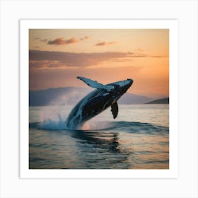 Humpback Whale Breaching At Sunset 32 Art Print