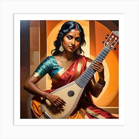 Indian Woman Playing Sitar Cubism Style Art Print