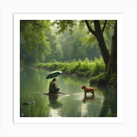 Man And Dog In The River Art Print