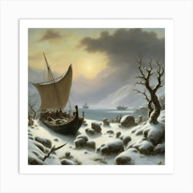 Viking Boat In The Snow Art Print