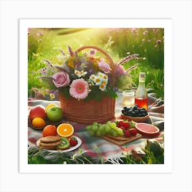 A Picnic On A Green Meadow With A Basket Of Fruits And Flowers 3 Art Print