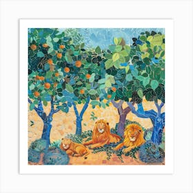 Lions Resting under Acacia Trees Series. Style of David Hockney 3 Art Print