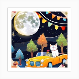 The Cat And The Cute Dog Celebrate Birthdays In The Yellow Car Art Print