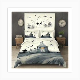 Haunted House Cute Bedsheet Ghosts, Countryside Vintage Style, Halloween Spooky Art Print Art Print