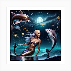 Mermaid With Dolphins Art Print