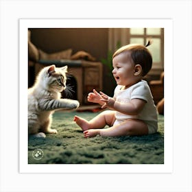 Baby Playing With Cat 1 Art Print