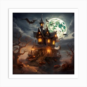 Halloween House With Bats Art Print