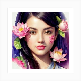 Chinese Girl With Lotus Flowers Art Print