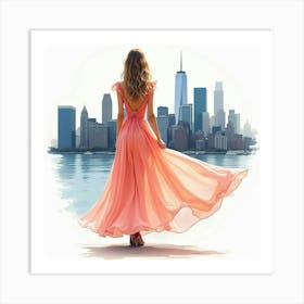 Chic Dress Watercolor, With A Modern City Skyline Backdrop 1 Art Print