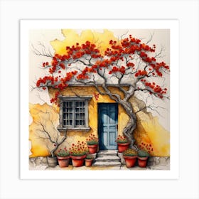 House With Red Flowers Art Print