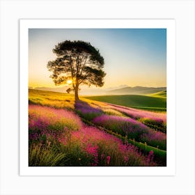 Tree Field Purple Flowers Sunset Art Print