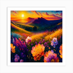 Sunset With Flowers Art Print