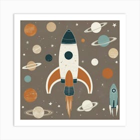 Space Rocket In Earthy Tones Nursery Art Print 2 Art Print