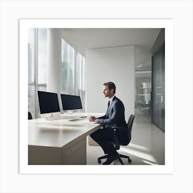 Businessman Sitting At Desk Art Print