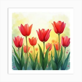 Bright Watercolor Tulips Blooming In A Colorful Garden Art Print