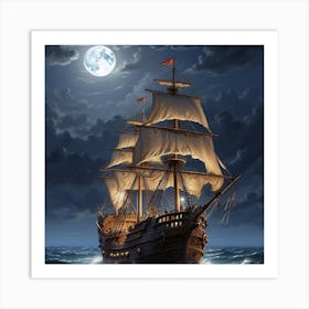 Pirate Ship At Night Art Print