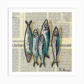 Anchovies Sardines Fishes On Newspaper Minimal Neutral Sea Ocean Seafood Inspired Kitchen Decor Art Print