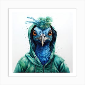 Watercolour Cartoon Peacock In A Hoodie 1 Art Print