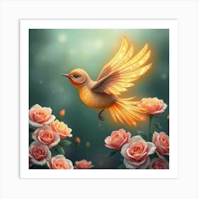 Whimsical Bird With Feathered Wings That Turn Into Glowing Petals Flying Over A Garden Of Roses 1 Art Print