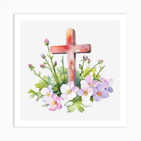 Watercolor Cross With Flowers Art Print