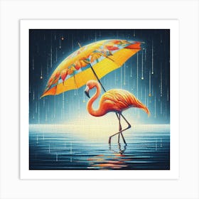 Flamingo In The Rain Art Print